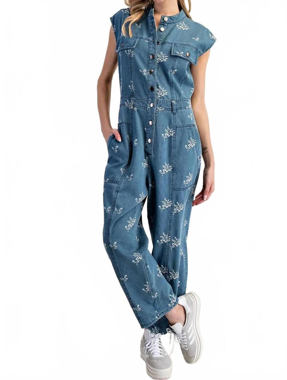 NEW EE:SOME floral embroidered denim cap sleeve jumpsuit in blue